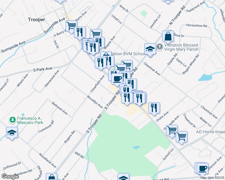 map of restaurants, bars, coffee shops, grocery stores, and more near 10 Oakdale Avenue in Eagleville