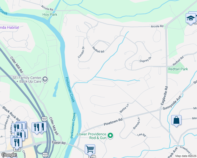 map of restaurants, bars, coffee shops, grocery stores, and more near 21 Woodsedge Road in Eagleville