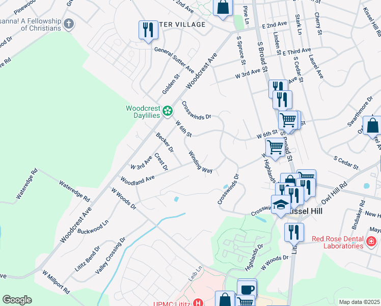 map of restaurants, bars, coffee shops, grocery stores, and more near 51 Winding Way in Lititz