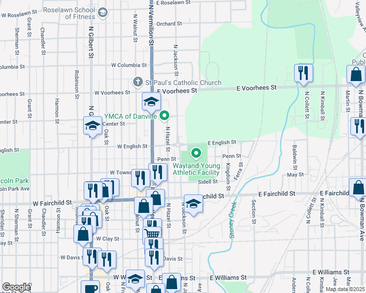 map of restaurants, bars, coffee shops, grocery stores, and more near 1001-1099 North Jackson Street in Danville