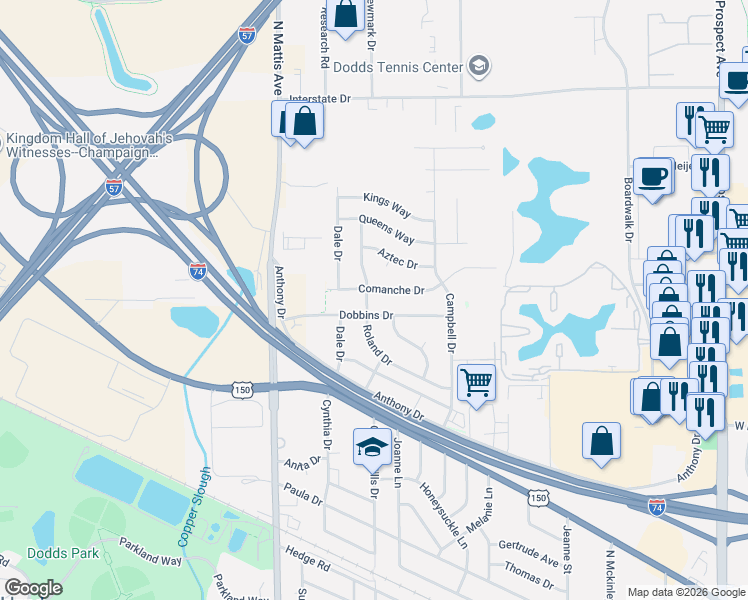 map of restaurants, bars, coffee shops, grocery stores, and more near 1601 Dobbins Drive in Champaign