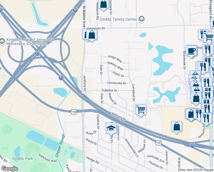 map of restaurants, bars, coffee shops, grocery stores, and more near 1601 Dobbins Drive in Champaign