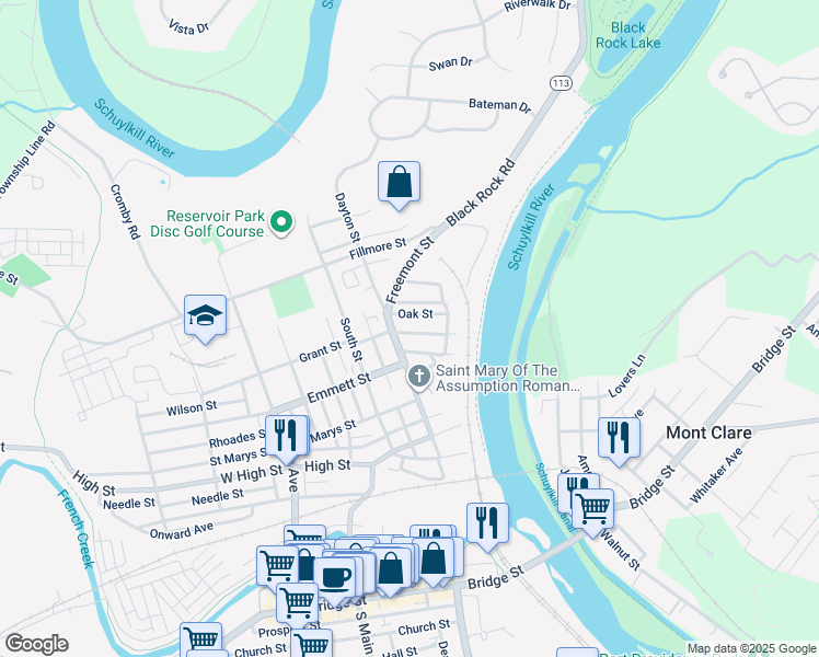map of restaurants, bars, coffee shops, grocery stores, and more near 47 Grant Street in Phoenixville