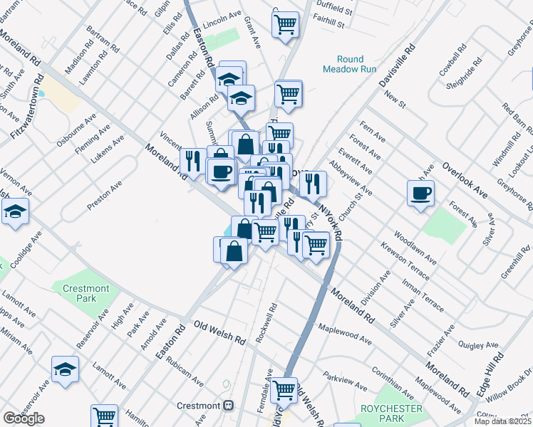 map of restaurants, bars, coffee shops, grocery stores, and more near 3 Easton Road in Willow Grove