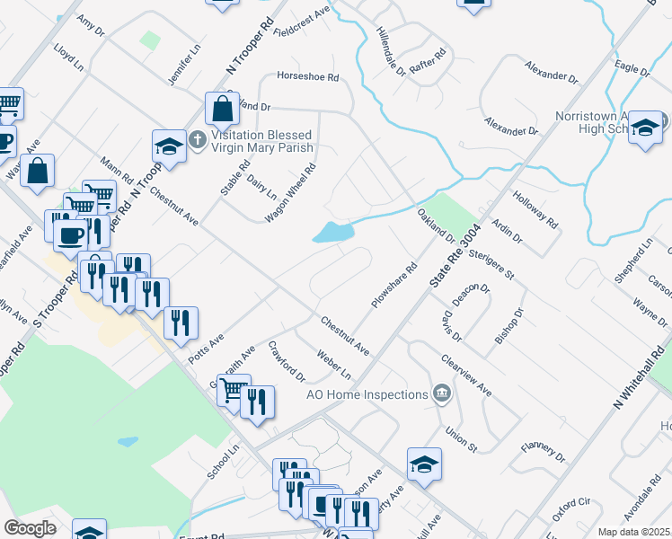 map of restaurants, bars, coffee shops, grocery stores, and more near 105 Markley Farm Circle in Trooper