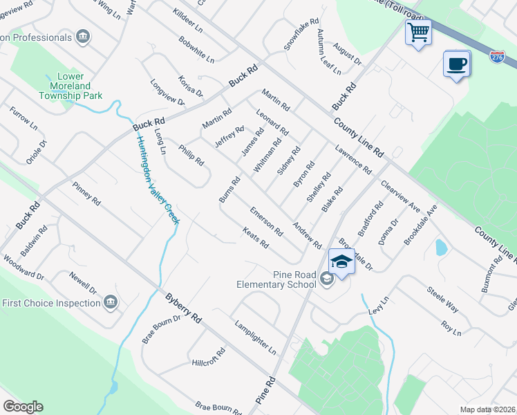 map of restaurants, bars, coffee shops, grocery stores, and more near 381 Emerson Road in Montgomery County