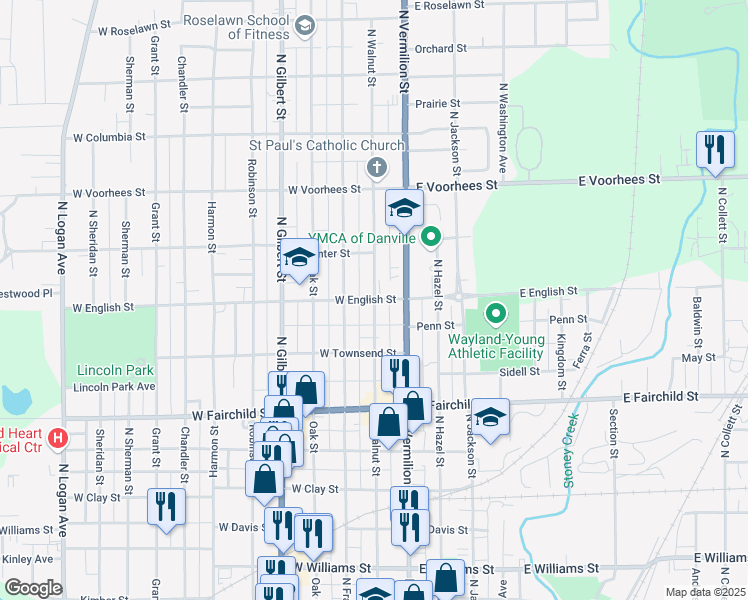 map of restaurants, bars, coffee shops, grocery stores, and more near 1101 North Walnut Street in Danville
