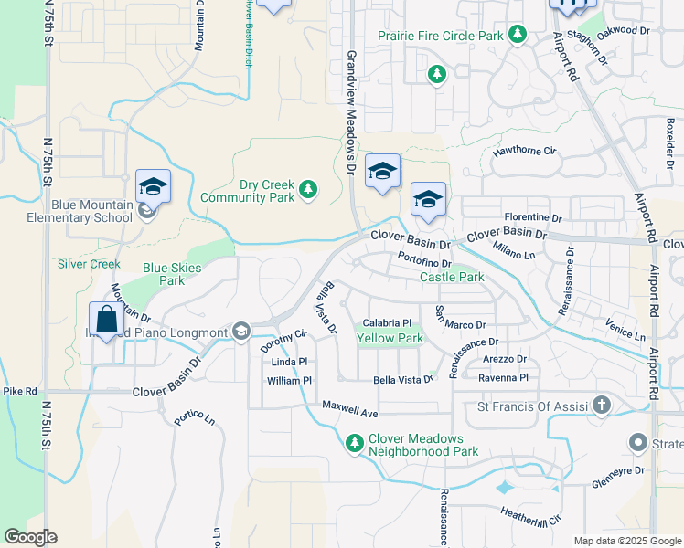 map of restaurants, bars, coffee shops, grocery stores, and more near 4804 Bella Vista Drive in Longmont