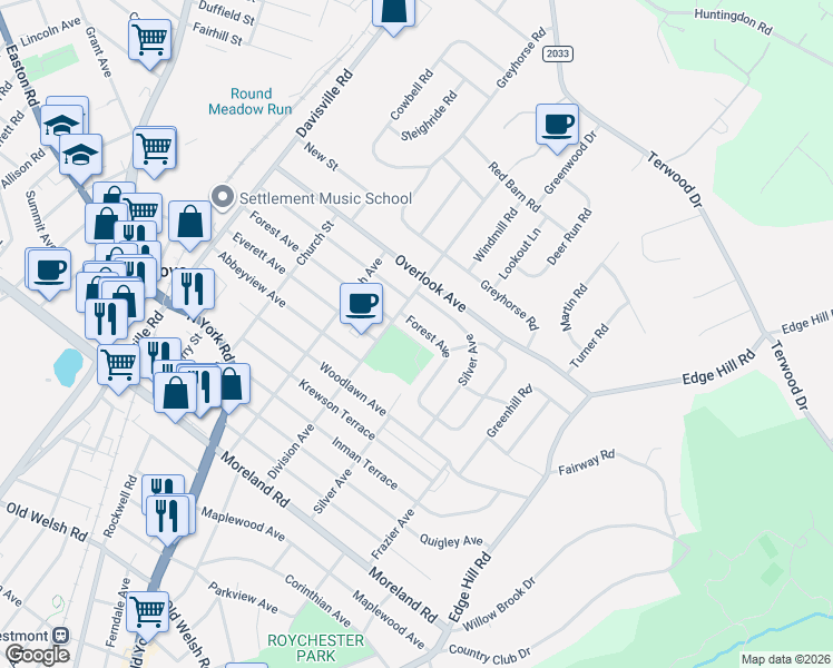 map of restaurants, bars, coffee shops, grocery stores, and more near 326 Forest Avenue in Willow Grove
