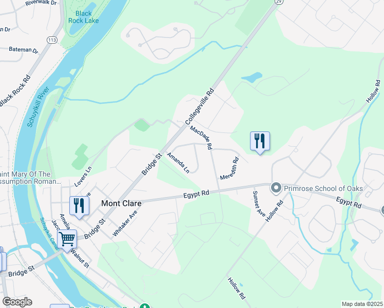 map of restaurants, bars, coffee shops, grocery stores, and more near 227 Amanda Lane in Phoenixville