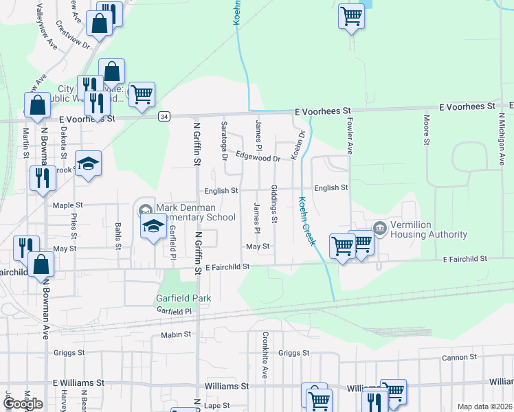 map of restaurants, bars, coffee shops, grocery stores, and more near 1001 James Place in Danville