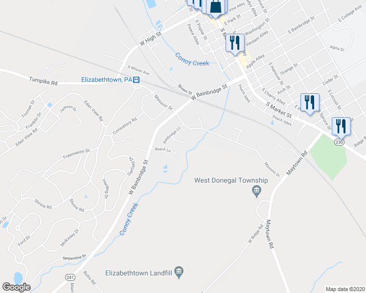 map of restaurants, bars, coffee shops, grocery stores, and more near 40 Yorkshire Court in Elizabethtown
