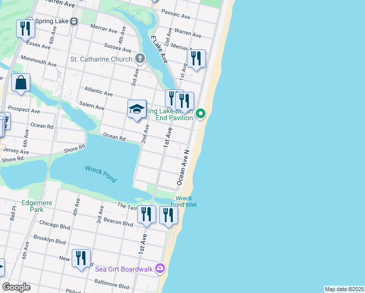 map of restaurants, bars, coffee shops, grocery stores, and more near 8 Union Avenue in Spring Lake