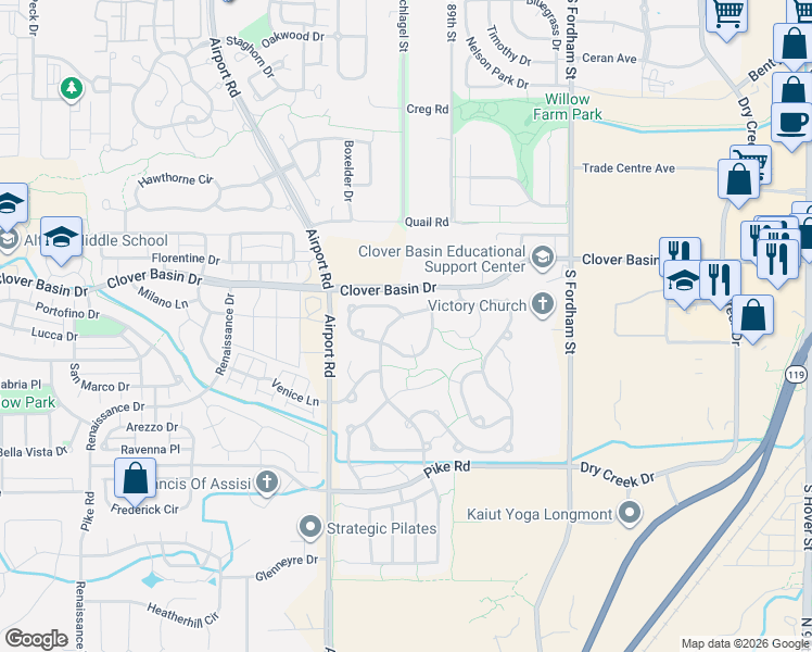 map of restaurants, bars, coffee shops, grocery stores, and more near 1432 Clover Creek Drive in Longmont