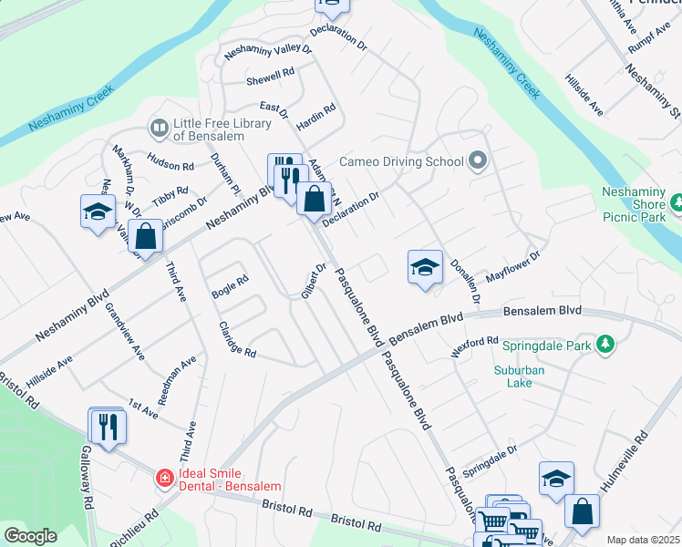 map of restaurants, bars, coffee shops, grocery stores, and more near 3135 Independence Court in Bensalem