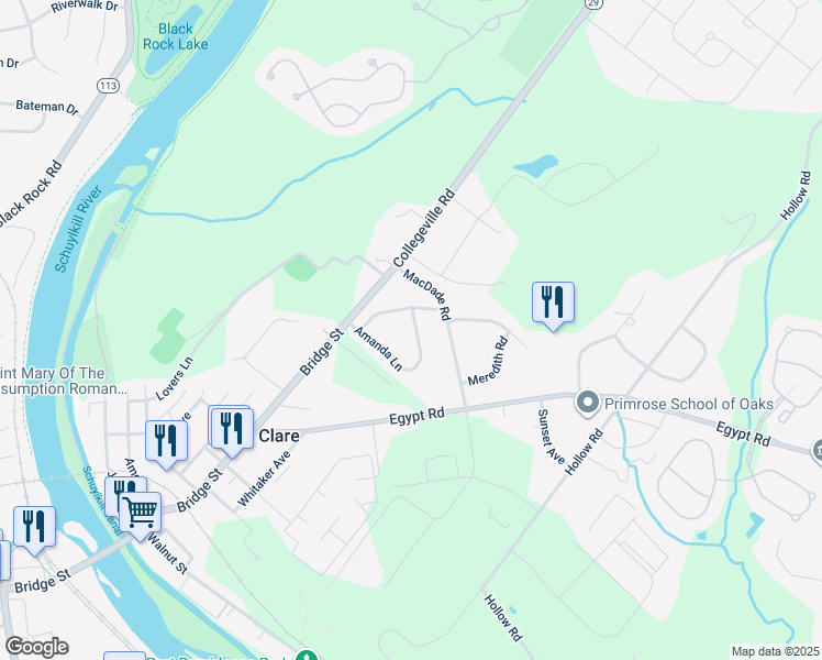 map of restaurants, bars, coffee shops, grocery stores, and more near 227 Amanda Lane in Phoenixville
