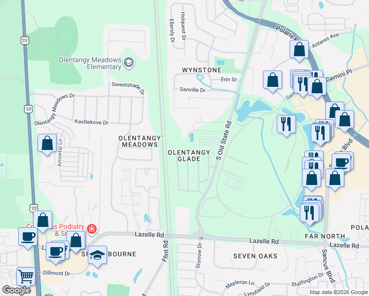 map of restaurants, bars, coffee shops, grocery stores, and more near 492 Thistleview Drive in Lewis Center
