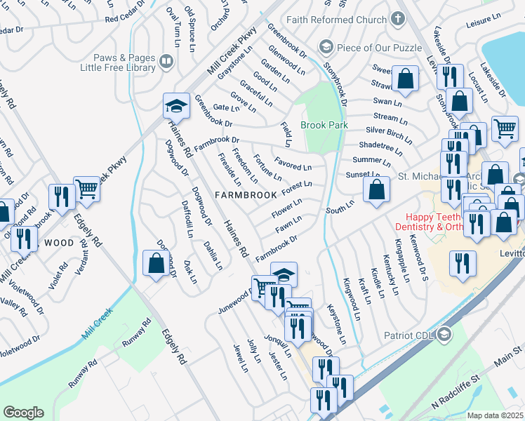 map of restaurants, bars, coffee shops, grocery stores, and more near 10 Forest Lane in Levittown