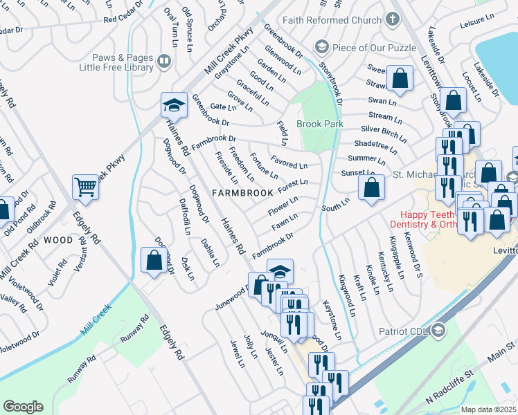 map of restaurants, bars, coffee shops, grocery stores, and more near 10 Forest Lane in Levittown