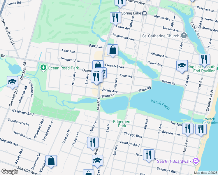 map of restaurants, bars, coffee shops, grocery stores, and more near 3 6th Avenue in Sea Girt