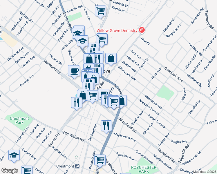 map of restaurants, bars, coffee shops, grocery stores, and more near 36 Cherry Street in Willow Grove
