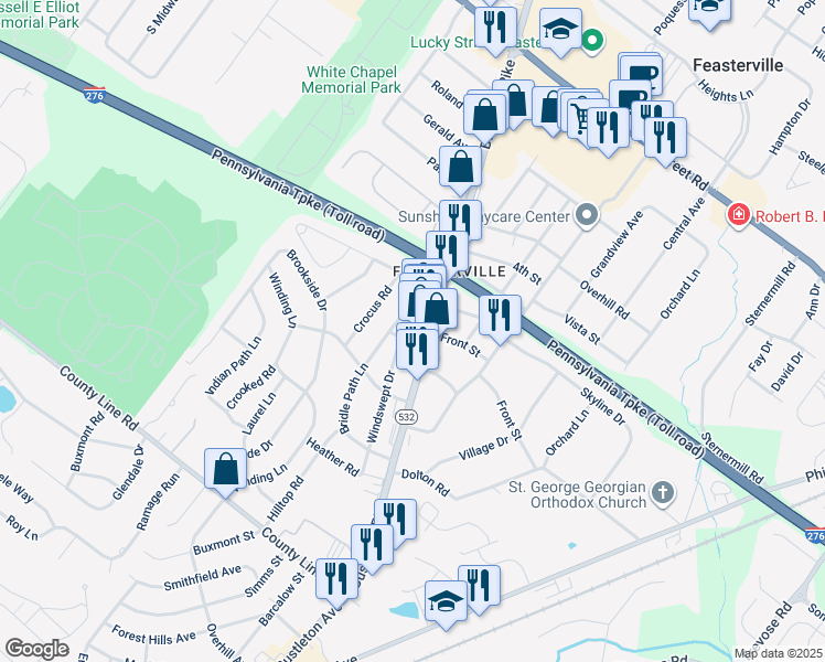 map of restaurants, bars, coffee shops, grocery stores, and more near 4 Does Lane in Feasterville-Trevose