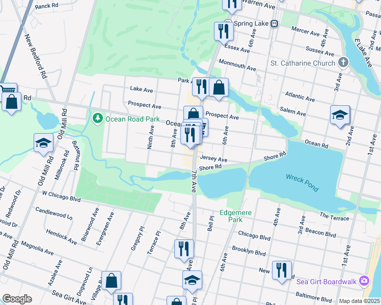 map of restaurants, bars, coffee shops, grocery stores, and more near 101 New Jersey 71 in Spring Lake