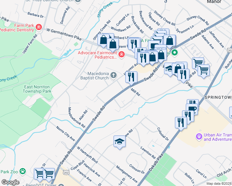 map of restaurants, bars, coffee shops, grocery stores, and more near 2617 Swede Road in Norristown