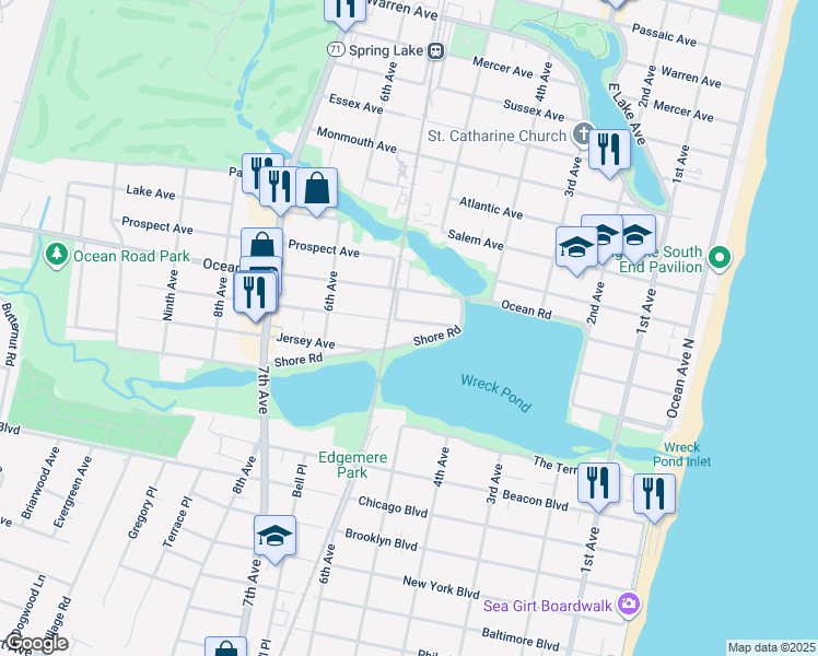 map of restaurants, bars, coffee shops, grocery stores, and more near 420 Shore Road in Spring Lake