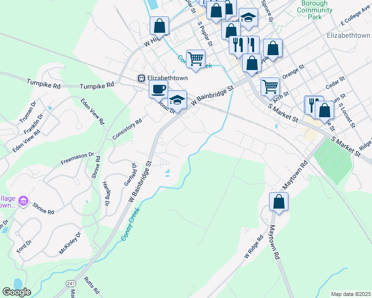 map of restaurants, bars, coffee shops, grocery stores, and more near 40 Yorkshire Court in Elizabethtown