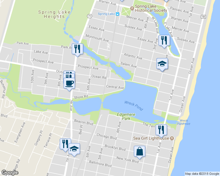 map of restaurants, bars, coffee shops, grocery stores, and more near 419 Central Avenue in Spring Lake