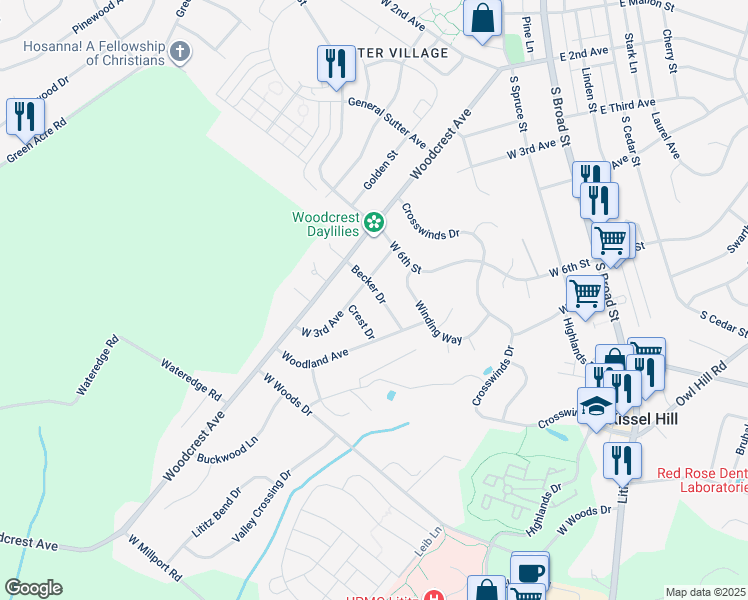 map of restaurants, bars, coffee shops, grocery stores, and more near 10 Becker Drive in Lititz