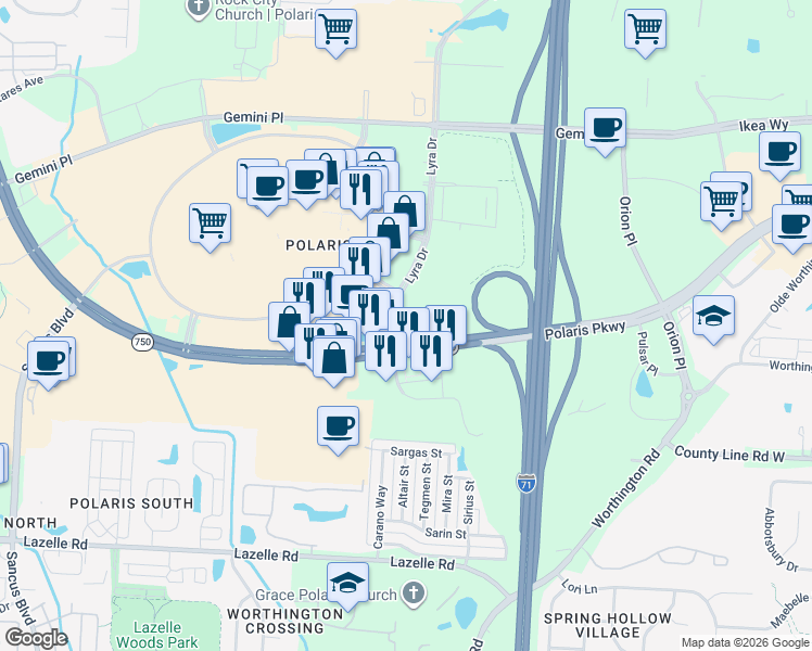 map of restaurants, bars, coffee shops, grocery stores, and more near 1570 Polaris Parkway in Columbus