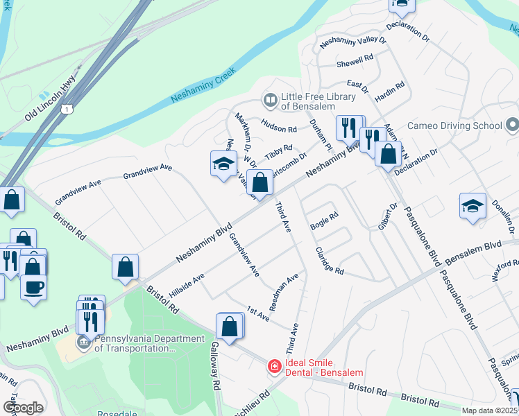map of restaurants, bars, coffee shops, grocery stores, and more near 4802 Neshaminy Boulevard in Bucks County