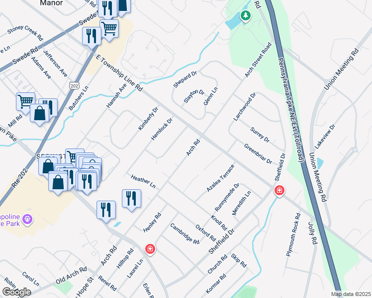 map of restaurants, bars, coffee shops, grocery stores, and more near 3029 Arch Road in Montgomery County