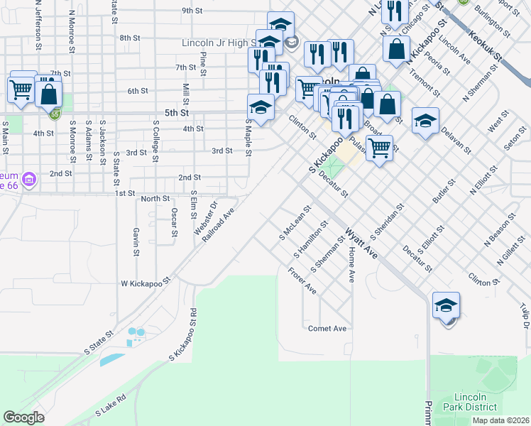 map of restaurants, bars, coffee shops, grocery stores, and more near 201 Williamette Avenue in Lincoln