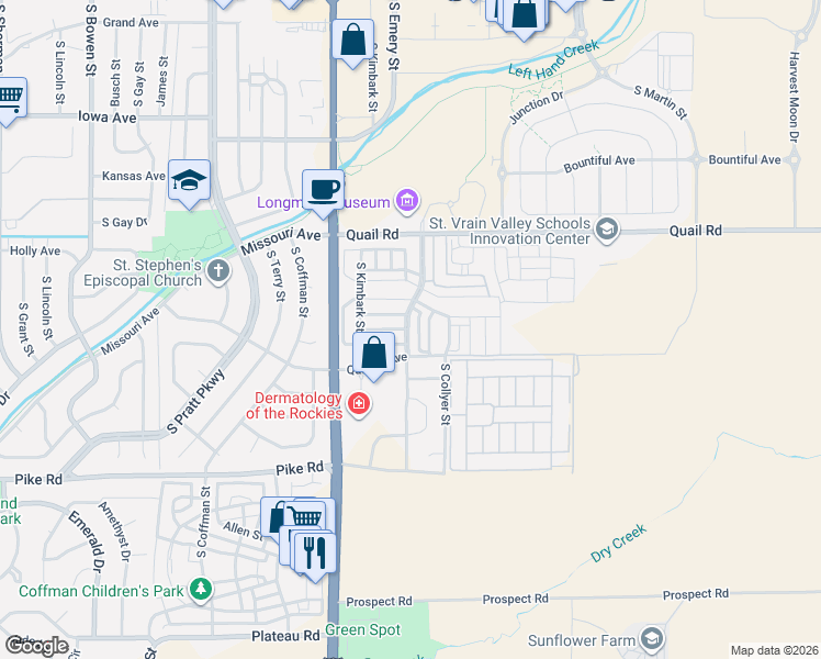 map of restaurants, bars, coffee shops, grocery stores, and more near 343 South Parkside Drive in Longmont