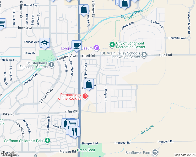 map of restaurants, bars, coffee shops, grocery stores, and more near 343 South Parkside Drive in Longmont