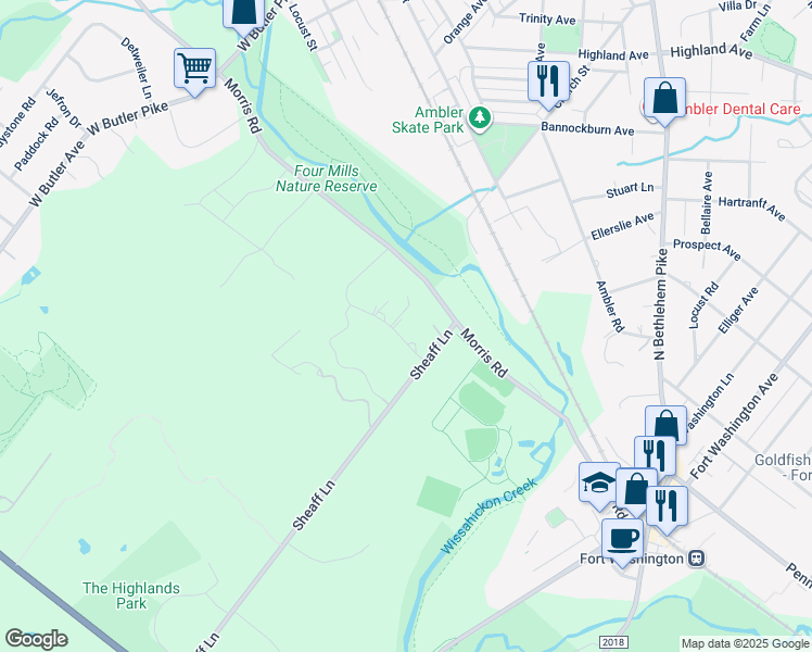 map of restaurants, bars, coffee shops, grocery stores, and more near 281 Woodcock Lane in Ambler