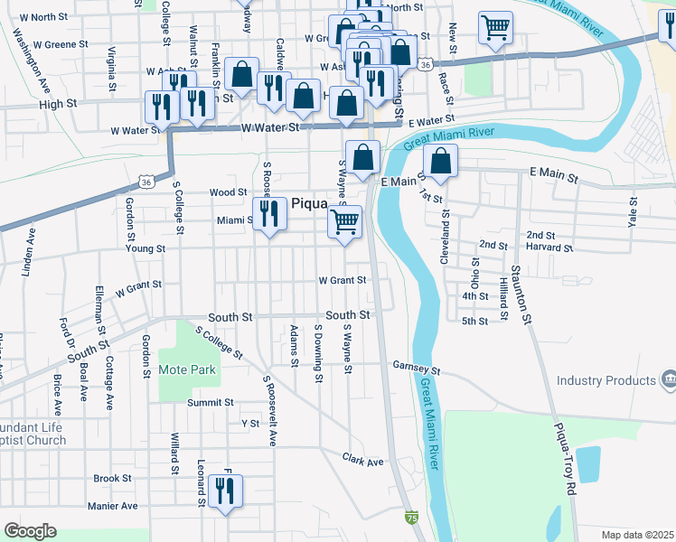 map of restaurants, bars, coffee shops, grocery stores, and more near 405 South Downing Street in Piqua