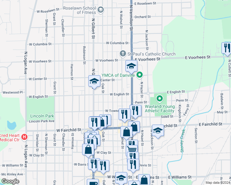 map of restaurants, bars, coffee shops, grocery stores, and more near 1100-1198 North Franklin Street in Danville
