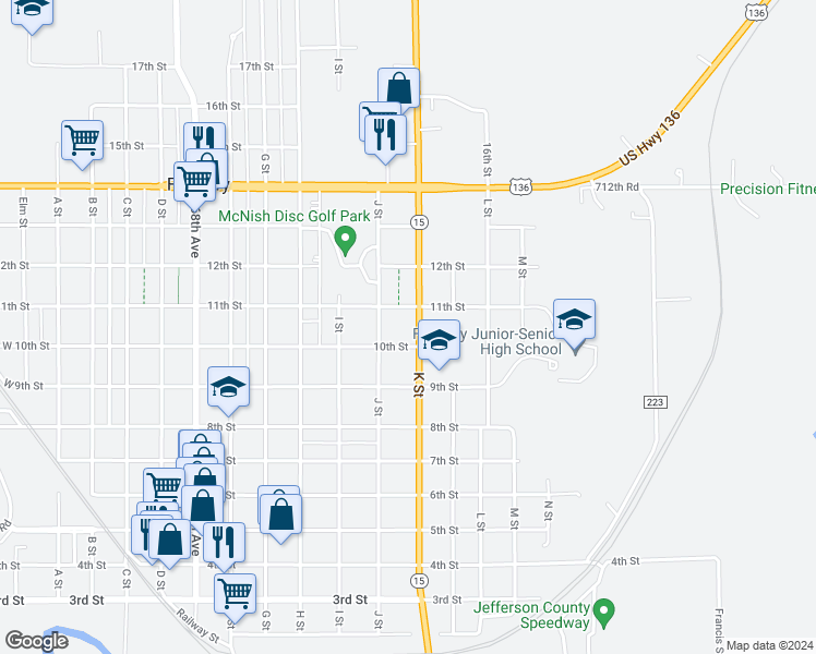 map of restaurants, bars, coffee shops, grocery stores, and more near 1101 K Street in Fairbury