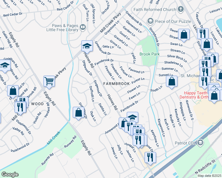 map of restaurants, bars, coffee shops, grocery stores, and more near 47 Friendly Lane in Levittown