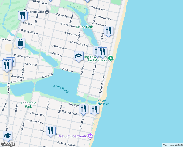 map of restaurants, bars, coffee shops, grocery stores, and more near 106 Pennsylvania Avenue in Spring Lake