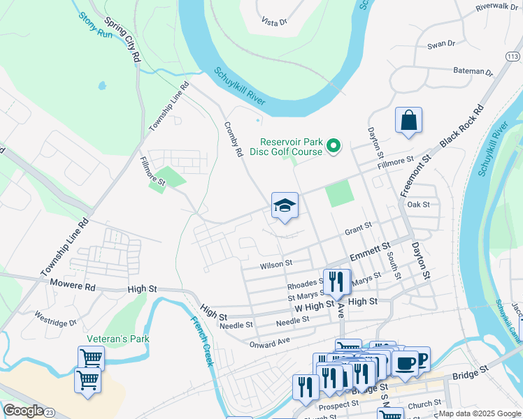 map of restaurants, bars, coffee shops, grocery stores, and more near Schuylkill River Trail in Phoenixville