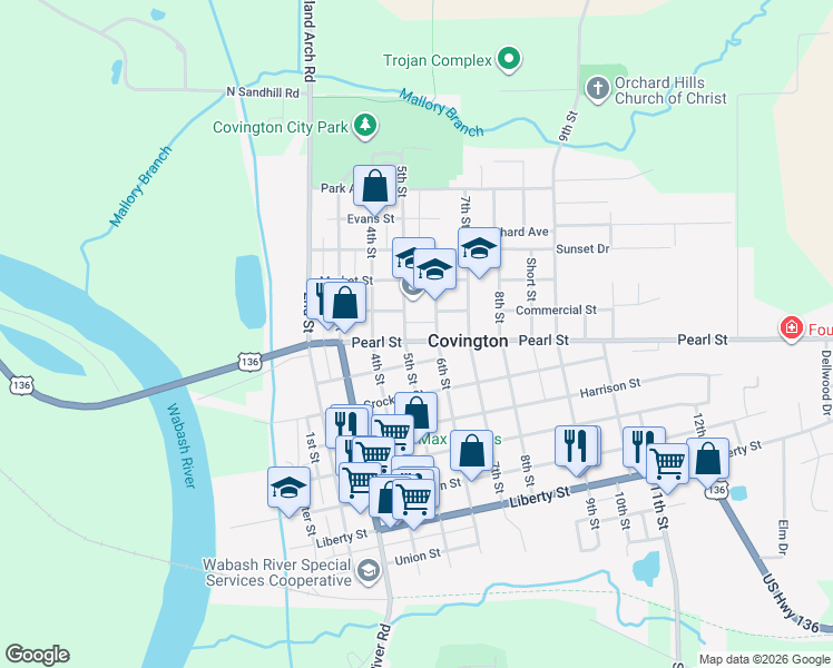 map of restaurants, bars, coffee shops, grocery stores, and more near 501-599 Commercial Street in Covington