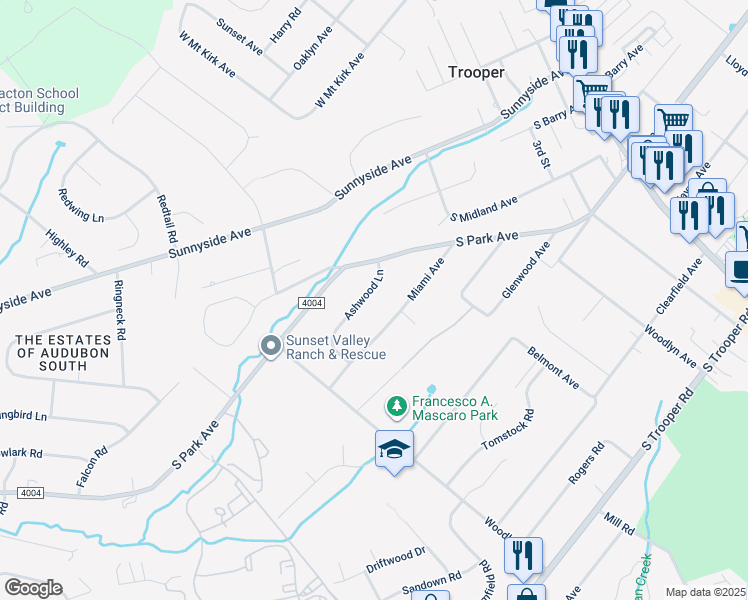 map of restaurants, bars, coffee shops, grocery stores, and more near 10 Ashwood Lane in Eagleville
