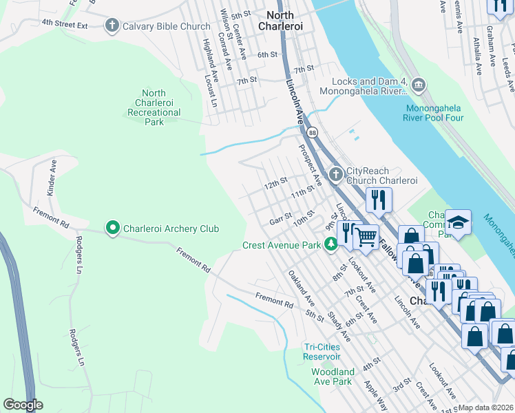 map of restaurants, bars, coffee shops, grocery stores, and more near 1200 Oakland Avenue in Charleroi