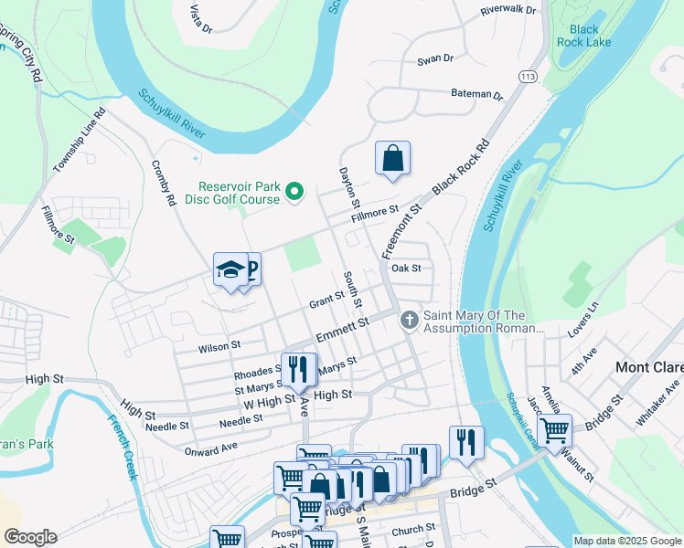 map of restaurants, bars, coffee shops, grocery stores, and more near 416 South Street in Phoenixville