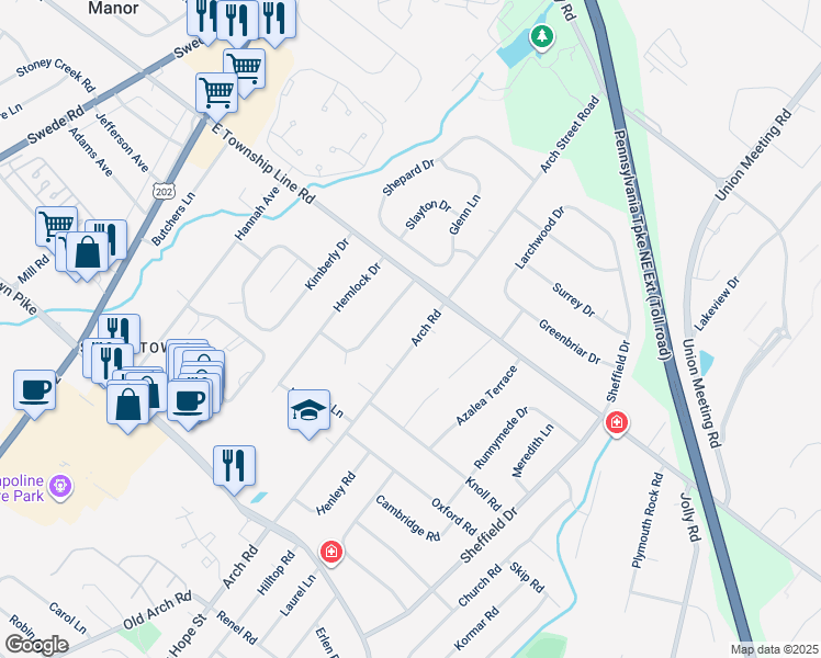 map of restaurants, bars, coffee shops, grocery stores, and more near 3029 Arch Road in Montgomery County